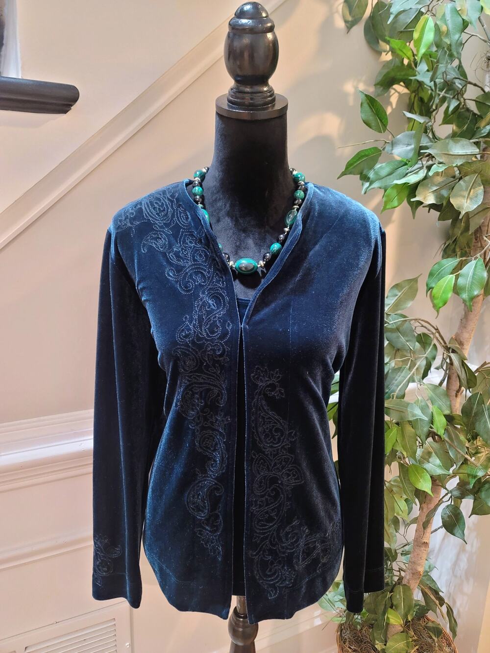 Chicos 2 Pc Cardigan Sweater Women SZ 2 Dark Blue Paisley Scoop Neck Long Sleeve